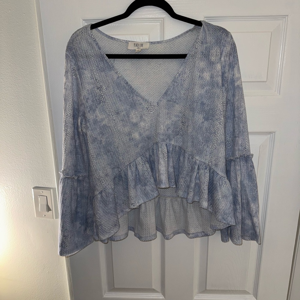 Peach Love California Light Blue Ruffled Blouse